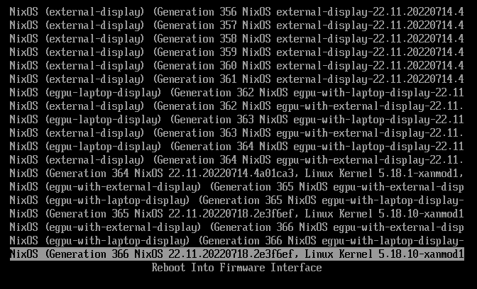Picture showing a GRUB boot menu with many entries including egpu-with-external display and egpu-with-laptop-display