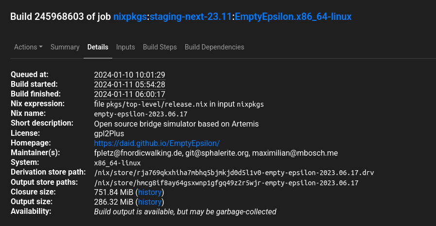 CI build details of EmptyEpsilon