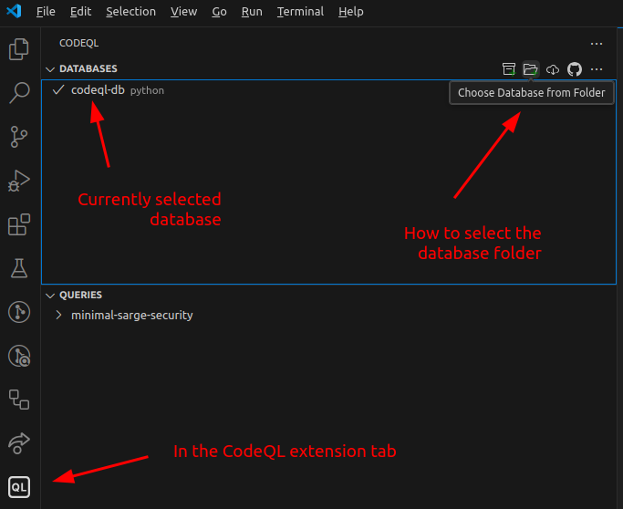 Selecting the CodeQL database in vscode