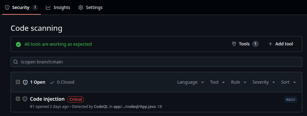 GitHub CodeQL UI