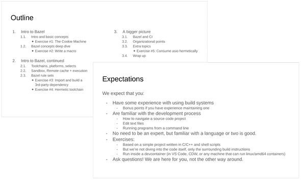 Slides with the workshop's outline, and our expectations of the participants