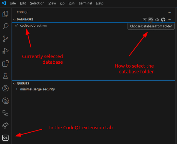 Selecting the CodeQL database in vscode
