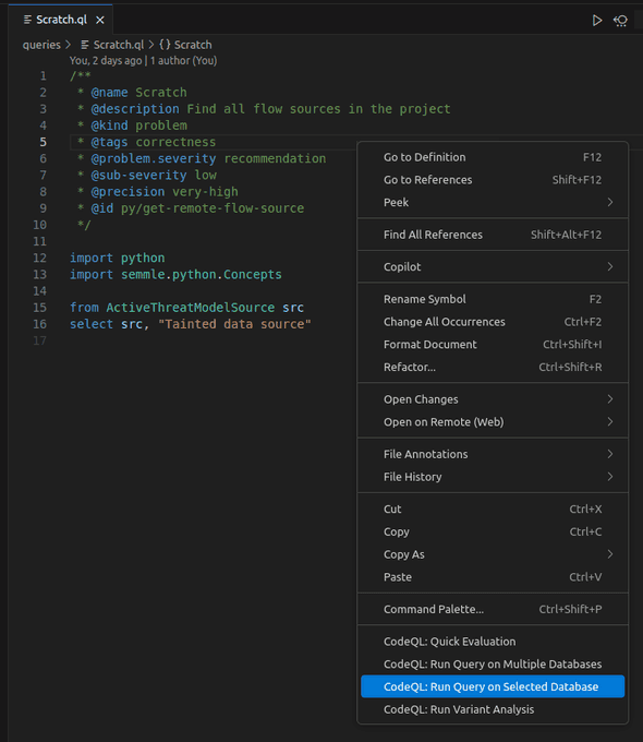 Running the debug query in vscode